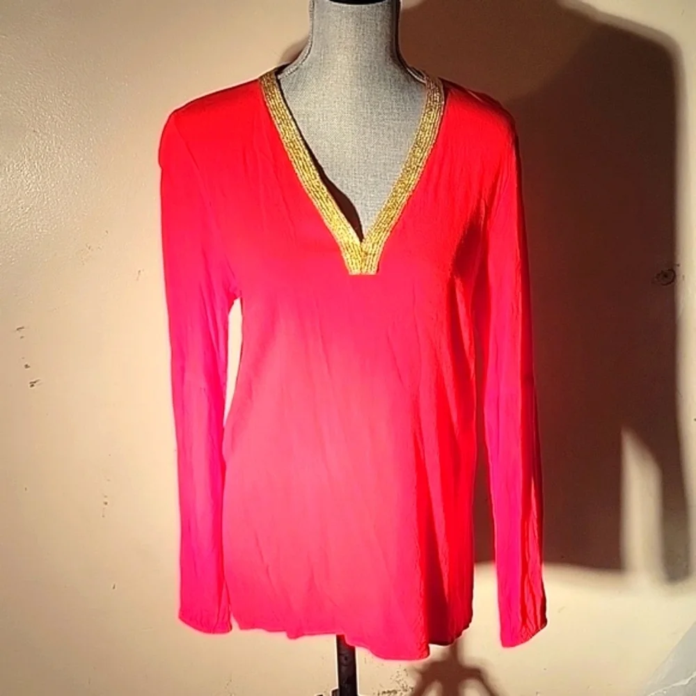 Michael Kors Woman's Long Sleeve Red With Gold Neckline Trim Blouse, Size: M
